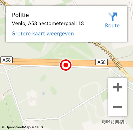 Locatie op kaart van de 112 melding: Politie Venlo, A58 hectometerpaal: 18 op 7 juli 2022 08:15
