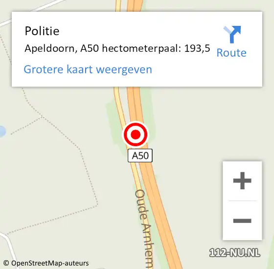 Locatie op kaart van de 112 melding: Politie Apeldoorn, A50 hectometerpaal: 193,5 op 7 juli 2022 13:10