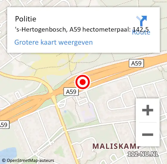 Locatie op kaart van de 112 melding: Politie 's-Hertogenbosch, A59 hectometerpaal: 142,5 op 7 juli 2022 16:12