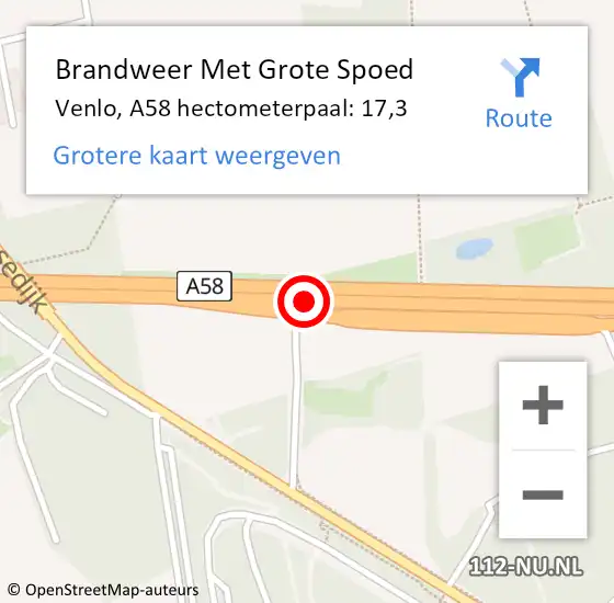 Locatie op kaart van de 112 melding: Brandweer Met Grote Spoed Naar Venlo, A58 hectometerpaal: 17,3 op 7 juli 2022 21:55