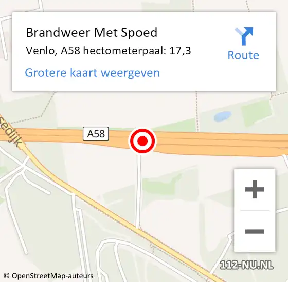 Locatie op kaart van de 112 melding: Brandweer Met Spoed Naar Venlo, A58 hectometerpaal: 17,3 op 7 juli 2022 22:05
