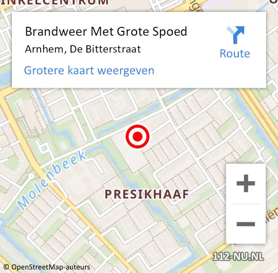 Locatie op kaart van de 112 melding: Brandweer Met Grote Spoed Naar Arnhem, De Bitterstraat op 8 juli 2022 02:57