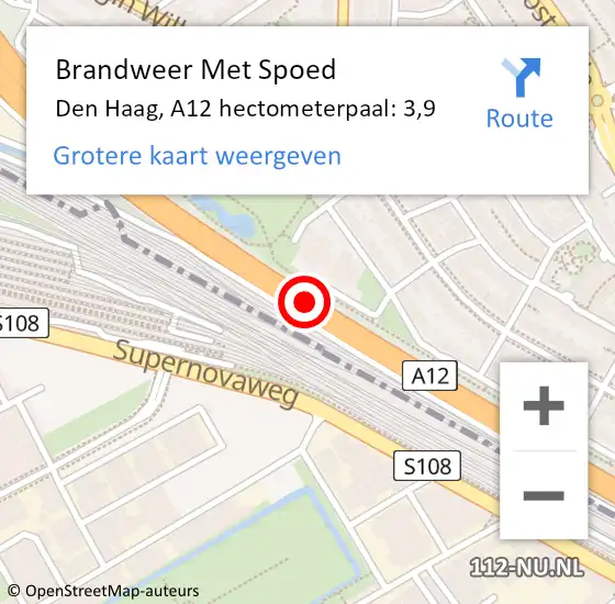 Locatie op kaart van de 112 melding: Brandweer Met Spoed Naar Den Haag, A12 hectometerpaal: 3,9 op 8 juli 2022 05:47