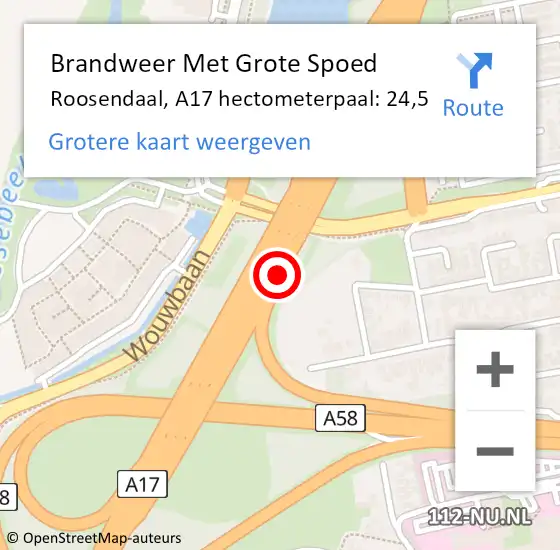 Locatie op kaart van de 112 melding: Brandweer Met Grote Spoed Naar Roosendaal, A17 hectometerpaal: 24,5 op 8 juli 2022 09:57
