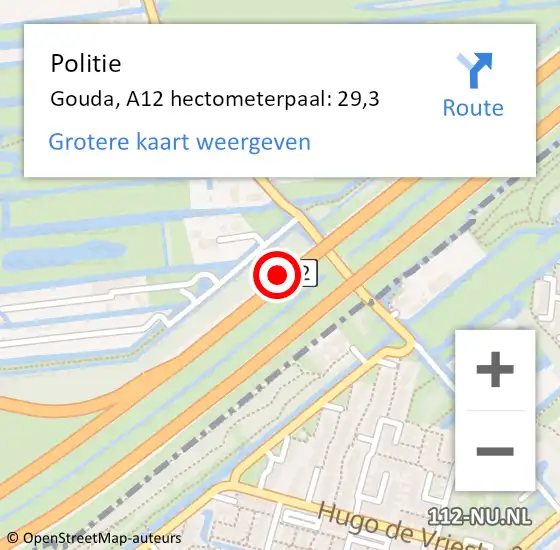 Locatie op kaart van de 112 melding: Politie Bodegraven-Reeuwijk, A12 hectometerpaal: 29,3 op 8 juli 2022 14:25