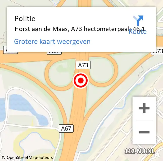 Locatie op kaart van de 112 melding: Politie Horst aan de Maas, A73 hectometerpaal: 46,1 op 8 juli 2022 15:34
