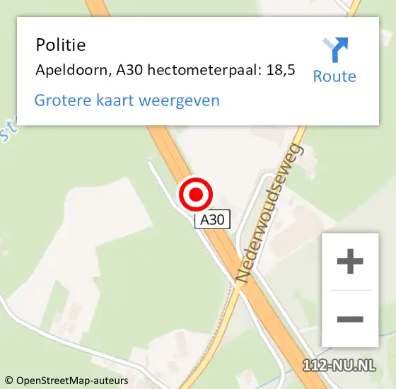 Locatie op kaart van de 112 melding: Politie Apeldoorn, A30 hectometerpaal: 18,5 op 8 juli 2022 17:44