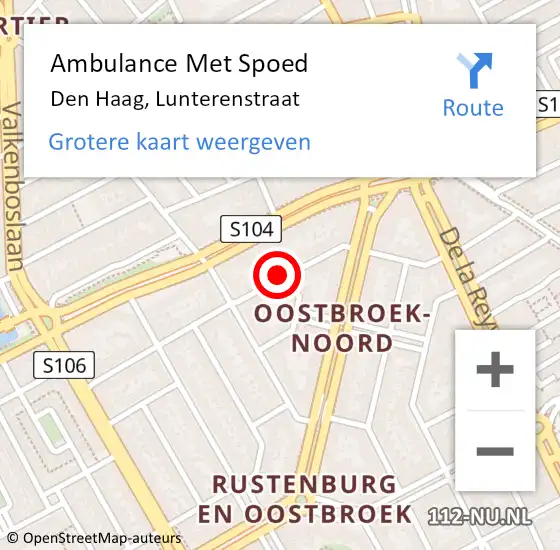Locatie op kaart van de 112 melding: Ambulance Met Spoed Naar Den Haag, Lunterenstraat op 8 juli 2022 17:55