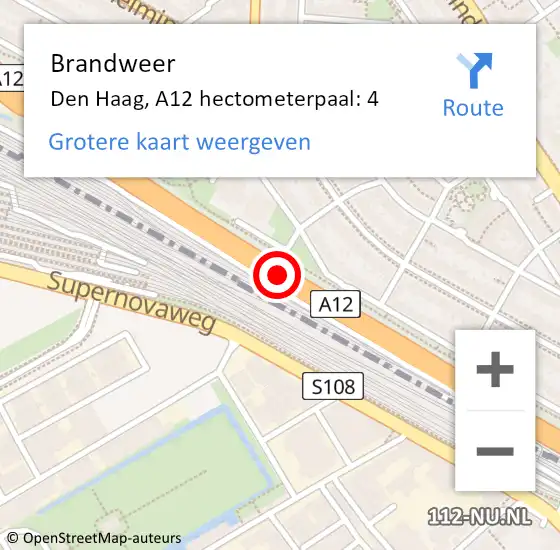 Locatie op kaart van de 112 melding: Brandweer Den Haag, A12 hectometerpaal: 4 op 8 juli 2022 21:48