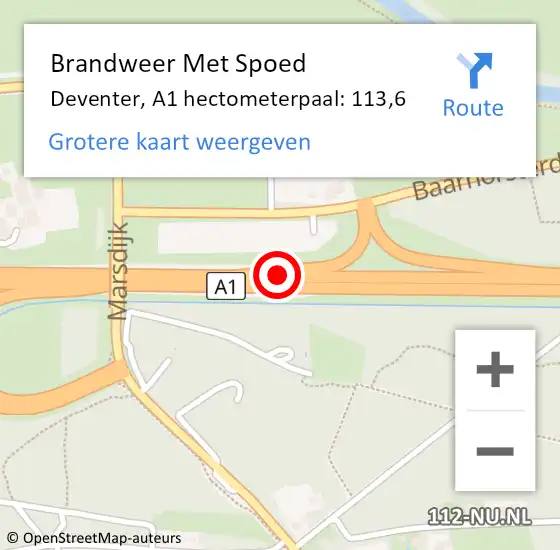 Locatie op kaart van de 112 melding: Brandweer Met Spoed Naar Deventer, A1 hectometerpaal: 113,6 op 8 juli 2022 22:37