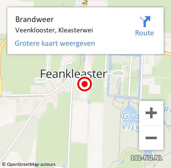 Locatie op kaart van de 112 melding: Brandweer Veenklooster, Kleasterwei op 9 juli 2022 11:15