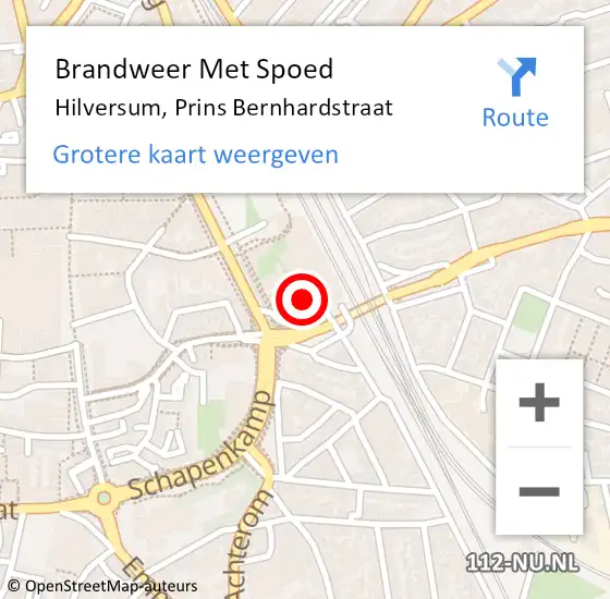 Locatie op kaart van de 112 melding: Brandweer Met Spoed Naar Hilversum, Prins Bernhardstraat op 9 juli 2022 11:48