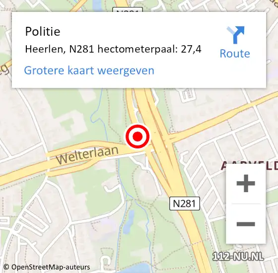 Locatie op kaart van de 112 melding: Politie Heerlen, N281 hectometerpaal: 27,4 op 9 juli 2022 12:12