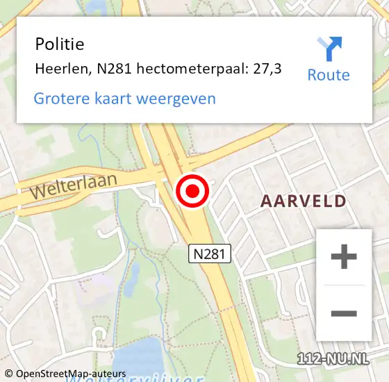 Locatie op kaart van de 112 melding: Politie Heerlen, N281 hectometerpaal: 27,3 op 9 juli 2022 12:22