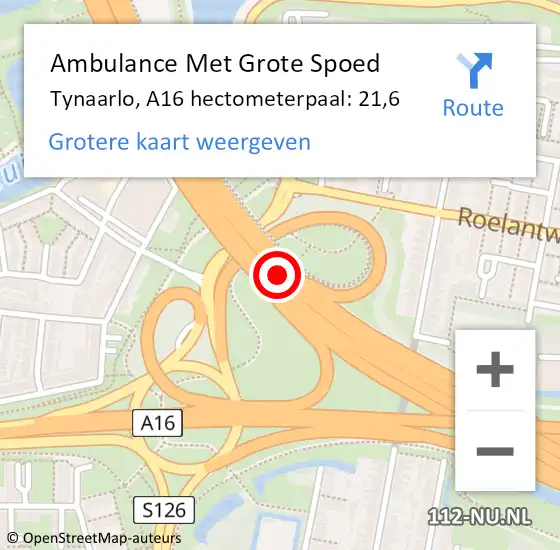 Locatie op kaart van de 112 melding: Ambulance Met Grote Spoed Naar Tynaarlo, A16 hectometerpaal: 21,6 op 9 juli 2022 20:12