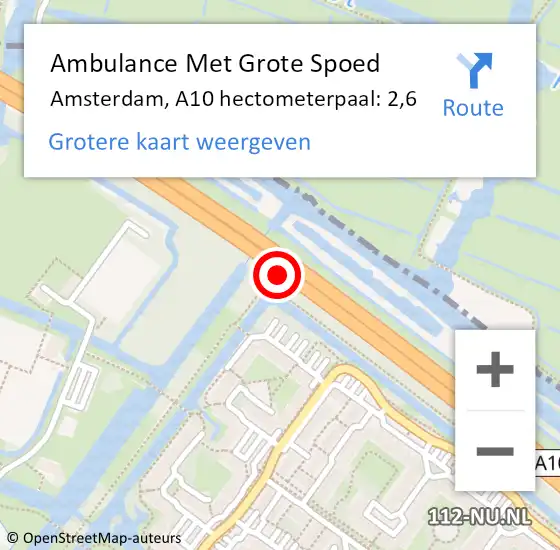 Locatie op kaart van de 112 melding: Ambulance Met Grote Spoed Naar Amsterdam, A10 hectometerpaal: 2,6 op 10 juli 2022 02:16
