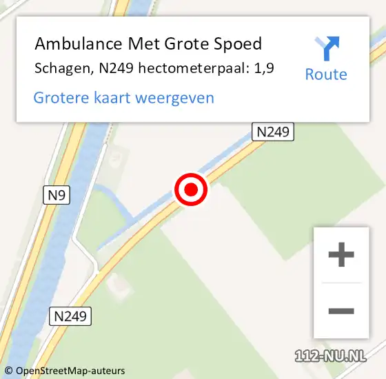 Locatie op kaart van de 112 melding: Ambulance Met Grote Spoed Naar Schagen, N249 hectometerpaal: 1,9 op 10 juli 2022 11:06