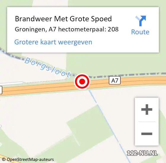 Locatie op kaart van de 112 melding: Brandweer Met Grote Spoed Naar Groningen, A7 hectometerpaal: 208 op 10 juli 2022 13:31
