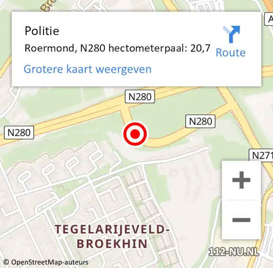 Locatie op kaart van de 112 melding: Politie Roermond, N280 hectometerpaal: 20,7 op 10 juli 2022 16:38