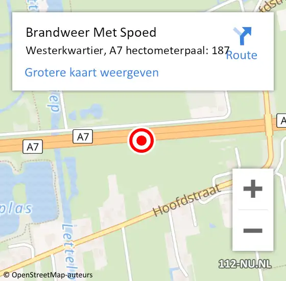 Locatie op kaart van de 112 melding: Brandweer Met Spoed Naar Westerkwartier, A7 hectometerpaal: 187 op 10 juli 2022 20:36