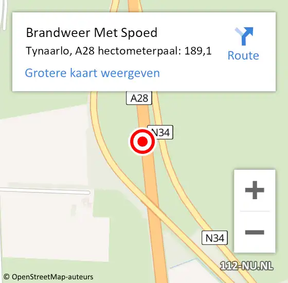 Locatie op kaart van de 112 melding: Brandweer Met Spoed Naar Tynaarlo, A28 hectometerpaal: 189,1 op 10 juli 2022 20:47