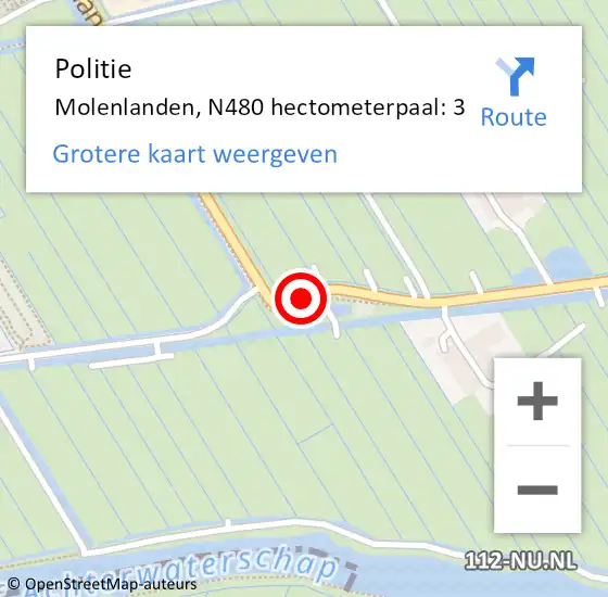 Locatie op kaart van de 112 melding: Politie Molenlanden, N480 hectometerpaal: 3 op 11 juli 2022 00:50