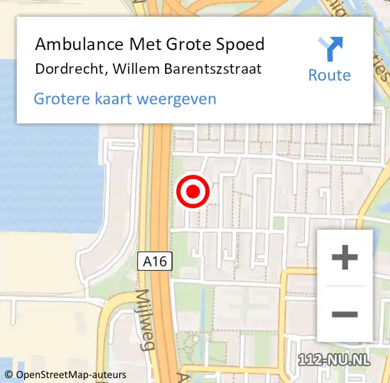 Locatie op kaart van de 112 melding: Ambulance Met Grote Spoed Naar Dordrecht, Willem Barentszstraat op 11 juli 2022 22:45