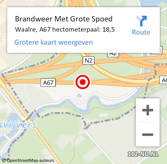 Locatie op kaart van de 112 melding: Brandweer Met Grote Spoed Naar Waalre, A67 hectometerpaal: 18,5 op 12 juli 2022 11:12
