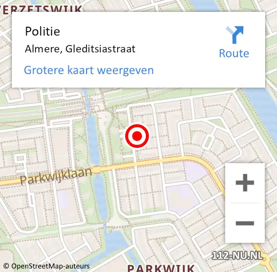 Locatie op kaart van de 112 melding: Politie Almere, Gleditsiastraat op 12 juli 2022 14:00