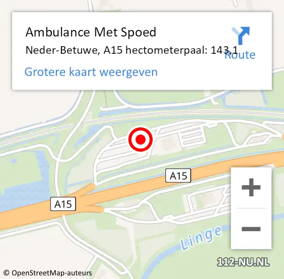 Locatie op kaart van de 112 melding: Ambulance Met Spoed Naar Neder-Betuwe, A15 hectometerpaal: 143,1 op 12 juli 2022 14:13
