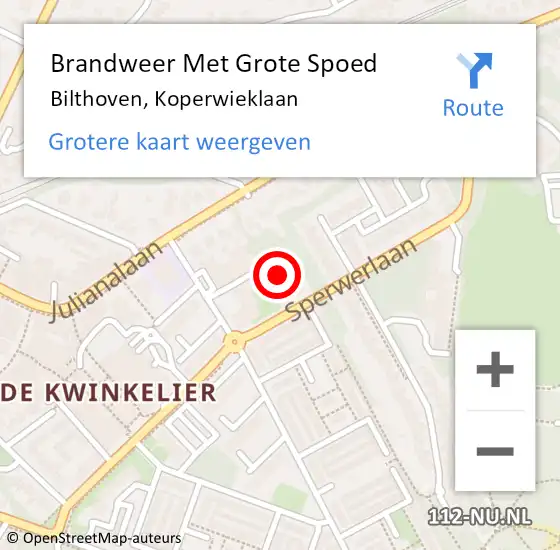 Locatie op kaart van de 112 melding: Brandweer Met Grote Spoed Naar Bilthoven, Koperwieklaan op 12 juli 2022 19:56