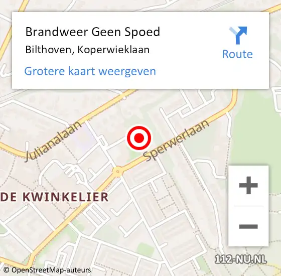 Locatie op kaart van de 112 melding: Brandweer Geen Spoed Naar Bilthoven, Koperwieklaan op 12 juli 2022 19:58