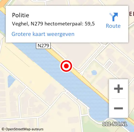 Locatie op kaart van de 112 melding: Politie Veghel, N279 hectometerpaal: 59,5 op 13 juli 2022 12:17