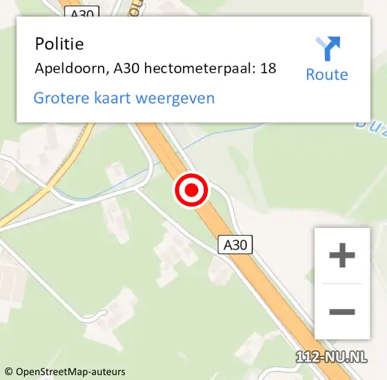 Locatie op kaart van de 112 melding: Politie Apeldoorn, A30 hectometerpaal: 18 op 13 juli 2022 17:02