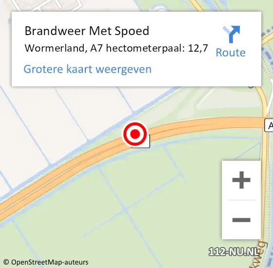 Locatie op kaart van de 112 melding: Brandweer Met Spoed Naar Wormerland, A7 hectometerpaal: 12,7 op 13 juli 2022 22:39