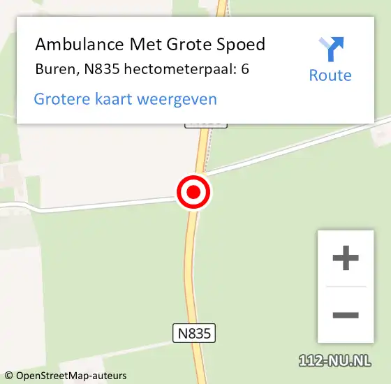 Locatie op kaart van de 112 melding: Ambulance Met Grote Spoed Naar Buren, N835 hectometerpaal: 6 op 13 juli 2022 23:23
