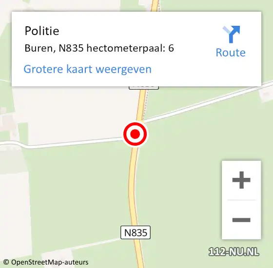 Locatie op kaart van de 112 melding: Politie Buren, N835 hectometerpaal: 6 op 13 juli 2022 23:37