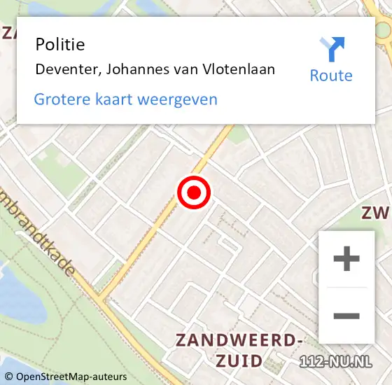 Locatie op kaart van de 112 melding: Politie Deventer, Johannes van Vlotenlaan op 14 juli 2022 10:26