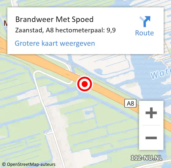 Locatie op kaart van de 112 melding: Brandweer Met Spoed Naar Zaanstad, A8 hectometerpaal: 9,9 op 14 juli 2022 12:58