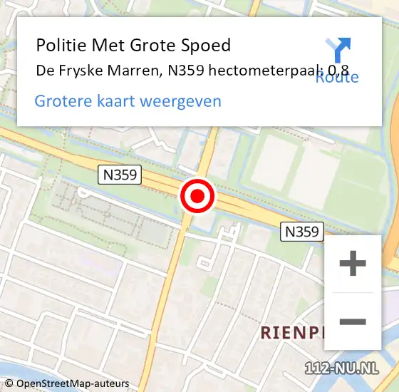 Locatie op kaart van de 112 melding: Politie Met Grote Spoed Naar De Fryske Marren, N359 hectometerpaal: 0,8 op 14 juli 2022 17:38