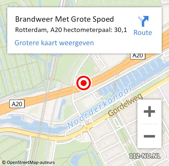 Locatie op kaart van de 112 melding: Brandweer Met Grote Spoed Naar Rotterdam, A20 hectometerpaal: 30,1 op 15 juli 2022 12:18