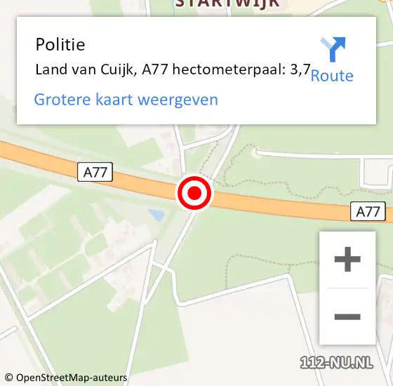 Locatie op kaart van de 112 melding: Politie Land van Cuijk, A77 hectometerpaal: 3,7 op 15 juli 2022 12:42