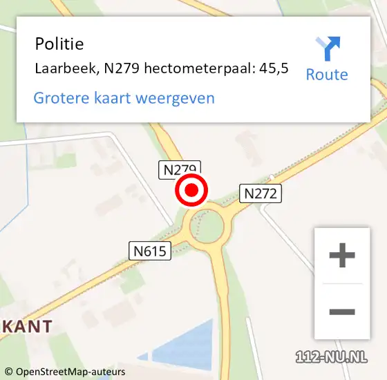 Locatie op kaart van de 112 melding: Politie Laarbeek, N279 hectometerpaal: 45,5 op 15 juli 2022 15:34