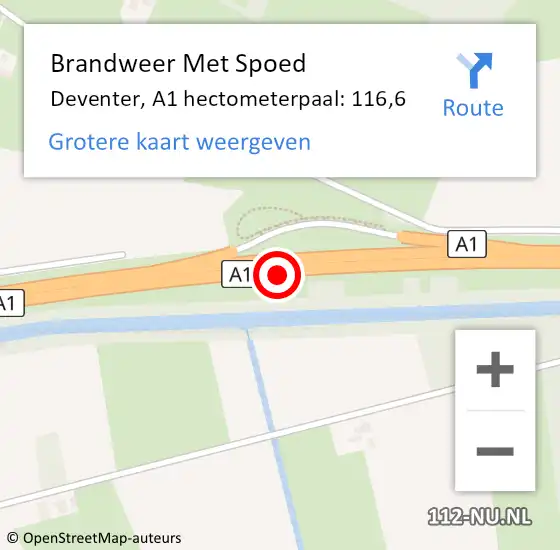 Locatie op kaart van de 112 melding: Brandweer Met Spoed Naar Deventer, A1 hectometerpaal: 116,6 op 15 juli 2022 16:03