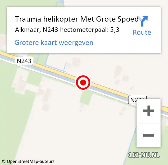 Locatie op kaart van de 112 melding: Trauma helikopter Met Grote Spoed Naar Alkmaar, N243 hectometerpaal: 5,3 op 15 juli 2022 21:29