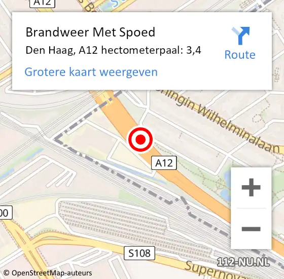 Locatie op kaart van de 112 melding: Brandweer Met Spoed Naar Den Haag, A12 hectometerpaal: 3,4 op 15 juli 2022 21:54
