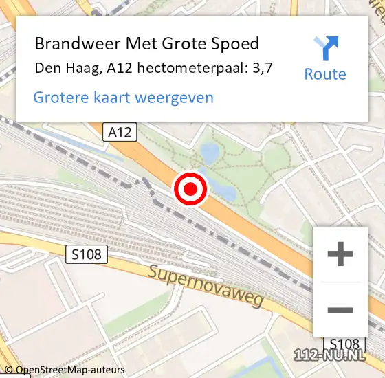 Locatie op kaart van de 112 melding: Brandweer Met Grote Spoed Naar Den Haag, A12 hectometerpaal: 3,7 op 15 juli 2022 21:56