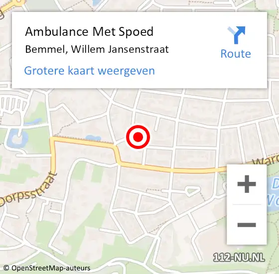 Locatie op kaart van de 112 melding: Ambulance Met Spoed Naar Bemmel, Willem Jansenstraat op 15 juli 2022 22:43