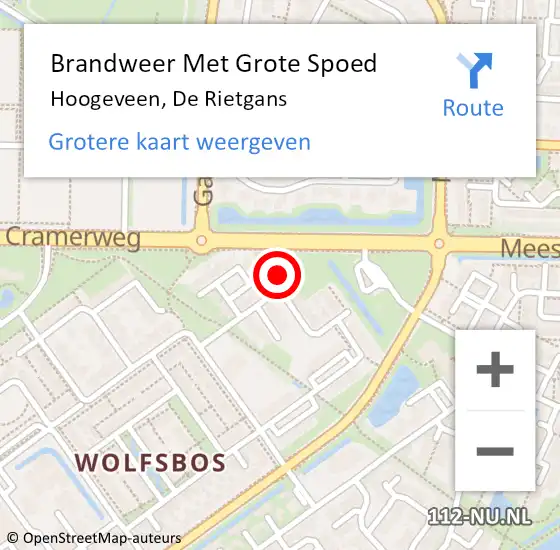 Locatie op kaart van de 112 melding: Brandweer Met Grote Spoed Naar Hoogeveen, De Rietgans op 16 juli 2022 11:07