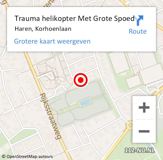 Locatie op kaart van de 112 melding: Trauma helikopter Met Grote Spoed Naar Haren, Korhoenlaan op 16 juli 2022 18:22